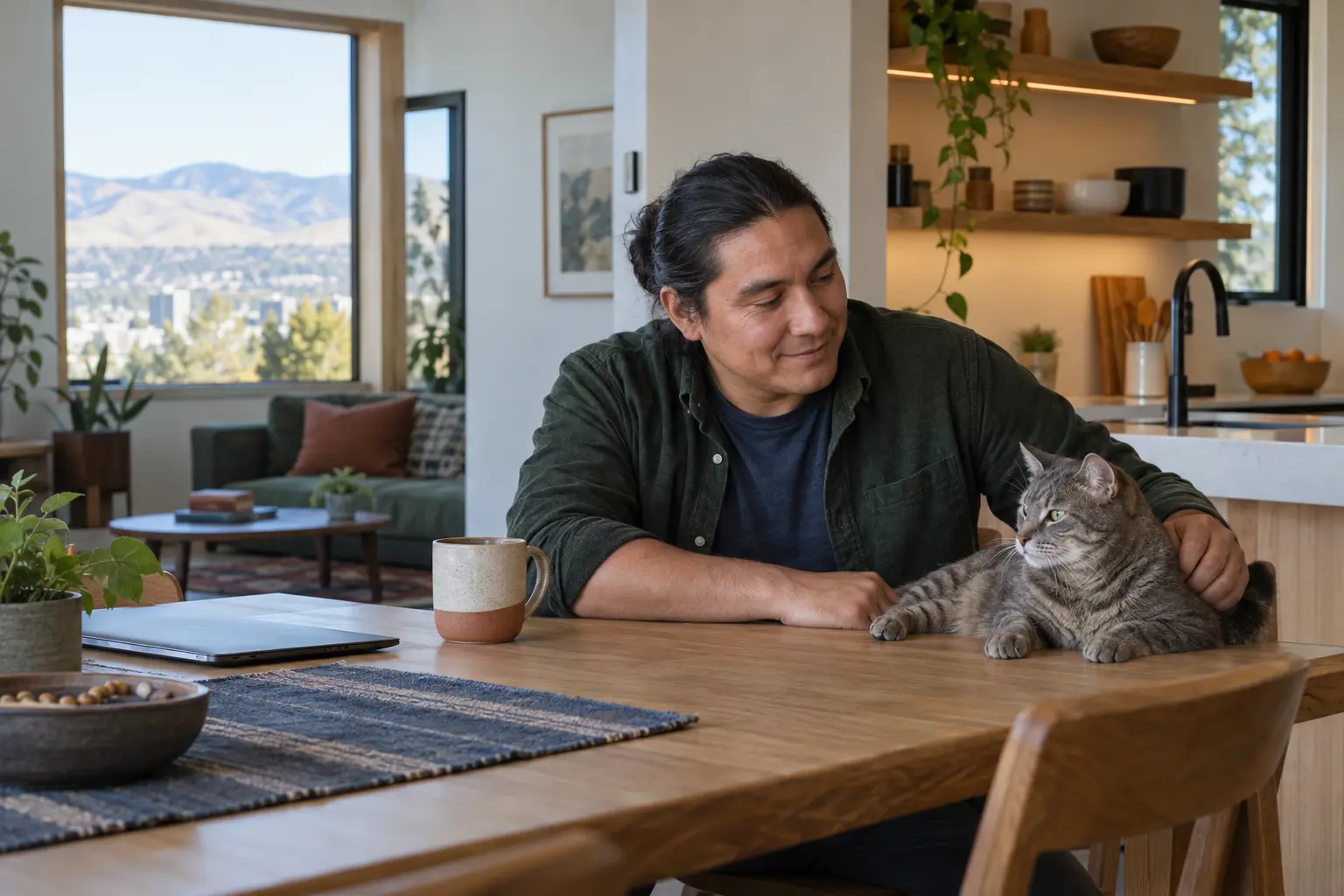 Idaho resident sitting at home with his gray tabby cat